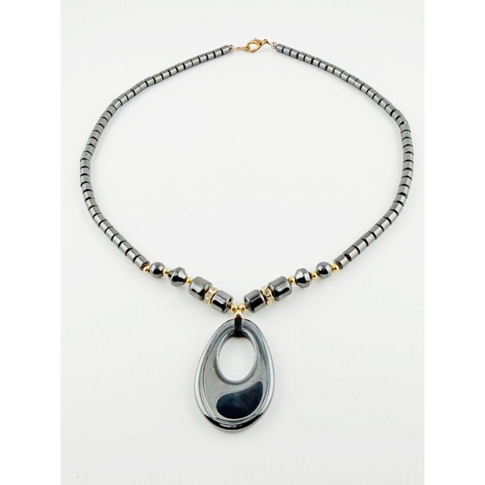 Hematite Beaded Necklace Statement Oval Pendant Rhinestone Accents